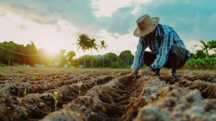 Fototapeta premium A farmer planting seeds in rows of fertile soil in the field.