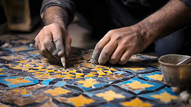 A Moroccan artisan designing zellige tiles with geometric patterns.
