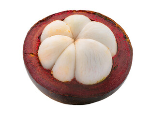 fresh mangosteen half cut showing juicy white flesh and dark purple rind, tropical exotic fruit on isolated background
