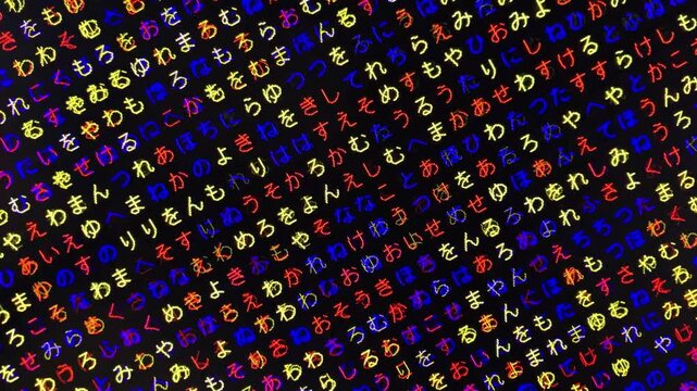 三原色・コンピュータ空間のランダムな文字列・さまざまな文字を含むデータベース・エンコードされたプログラム内のデータセット・数学的計算・大規模言語モデル・機械翻訳・ひらがな・日本語・横長・ビデオ
