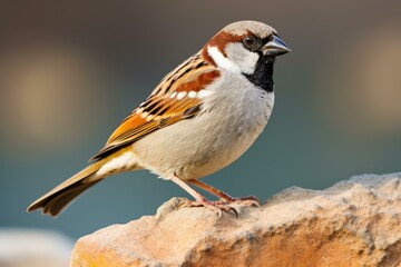 Beautiful house sparrow perched on a rock, enjoying the sunlight and observing its surroundings
