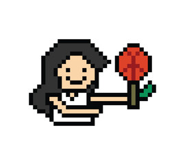 Obraz premium Cute pixel cartoon 8bit character woman give flower gift birthday surprise reward present decoration 8 bit female girl give gift flower valentines day game png vector.