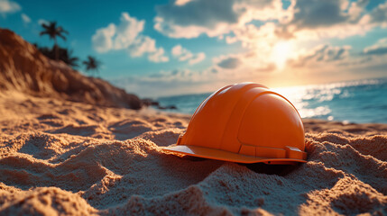 Orange hard hat on sandy beach at sunset with ocean and palm trees