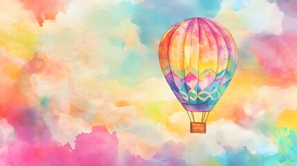 Fototapeta premium Watercolor Hot Air Balloon Soaring Through Pastel Clouds