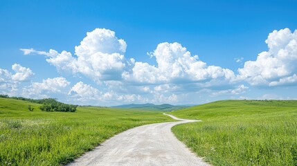 Winding road through grassy hills under blue sky (1)