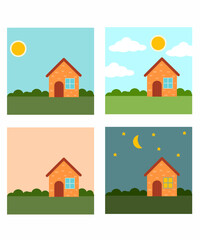 Identifying four different times for kids (morning, afternoon, evening and night),  four different times scenes background with house 
