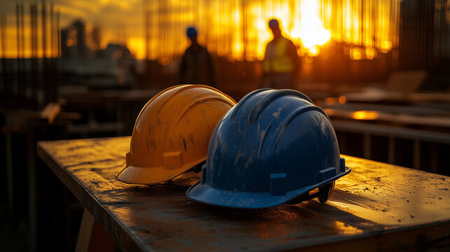 Yellow and blue hard hats on a construction site table at sunset