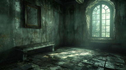 Obraz premium Abandoned Room with Stone Bench Decaying Tiles, Eerie Green Floor, and Creepy Vibes.