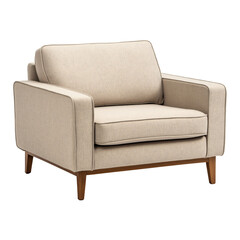 Beige Upholstered Armchair with Wooden Tapered Legs on Transparent Background