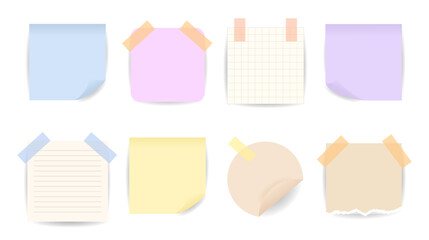 Stickers and Memo Note Set. A collection of various paper notes with tapes and curled corners, perfect for design projects, scrapbooking, presentations, and social media. Note message templates.