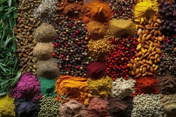 Fototapeta premium Rich variety of spices and herbs are displayed, showcasing a vibrant and colorful culinary scene