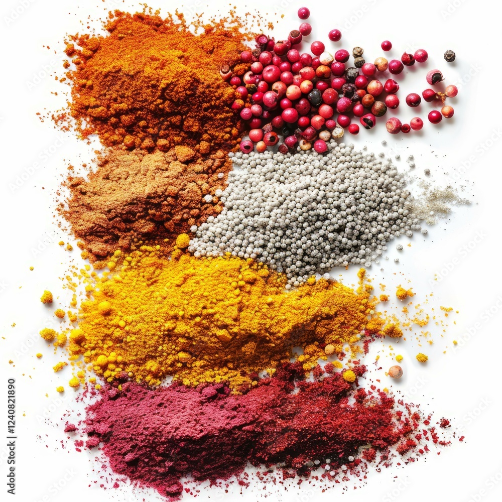 Poster various colorful spices arranged in rows, creating a vibrant gradient effect against a clean white b