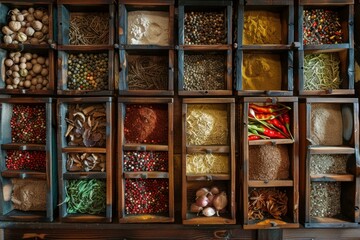 Colorful spices and herbs are neatly organized in small wooden boxes, creating a visually appealing display on a rustic table