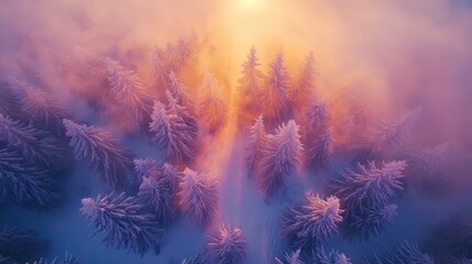 Aerial view Snowy forest sunrise, winter wonderland