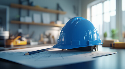 Blue hard hat on architectural plans in a well-lit office