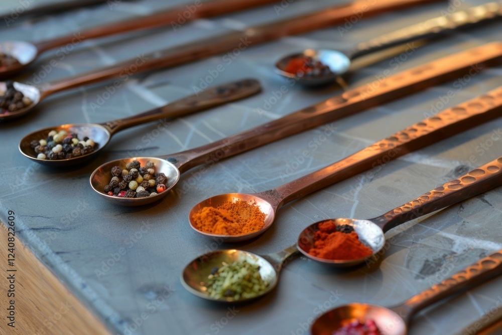 Poster variety of colorful spices displayed in measuring spoons, creating vibrant culinary scene