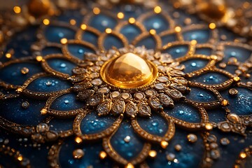 Fototapeta premium Intricate Blue and Gold Decorative Design with Central Golden Gem and Floral Patterns