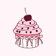 Coquette Cupcake with cherry and bows hand drawn pink clipart. Vector vintage doodle bakery. Rococo girly illustration