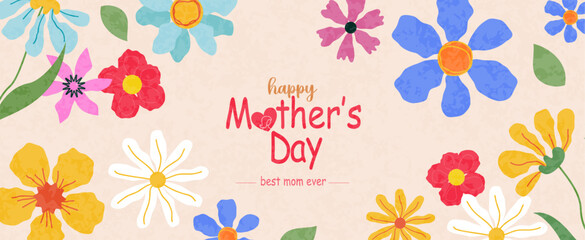 Mother's Day card, banner, poster, flyer, label or cover with flowers frame, abstract floral pattern art style. Spring summer bright abstract floral design template for ads promo