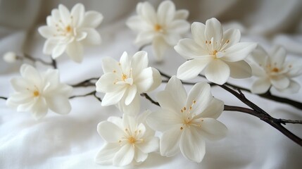 Elegant Cherry Blossoms Bouquet, White Flowers with Delicate Golden Accents on a White Background