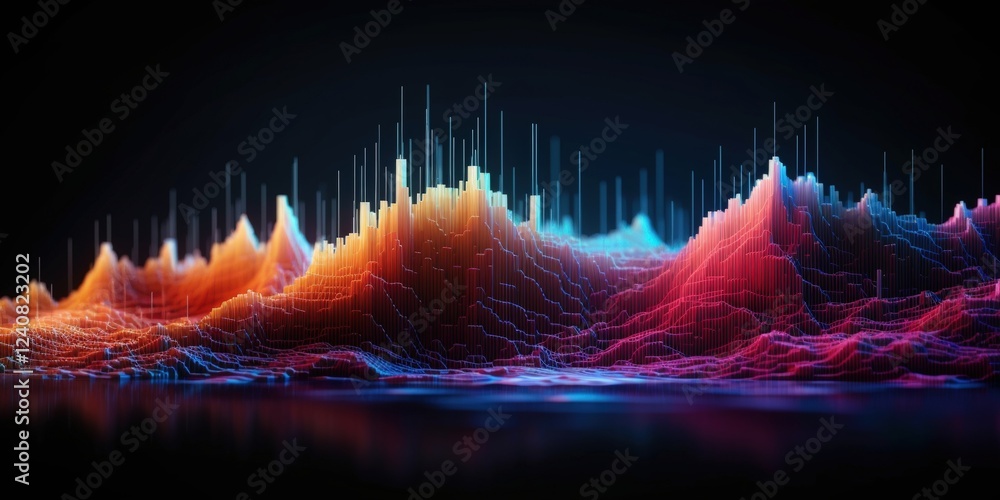 Poster new age of data visualization: vibrant abstract waveform in bright colors and dynamic structures dep