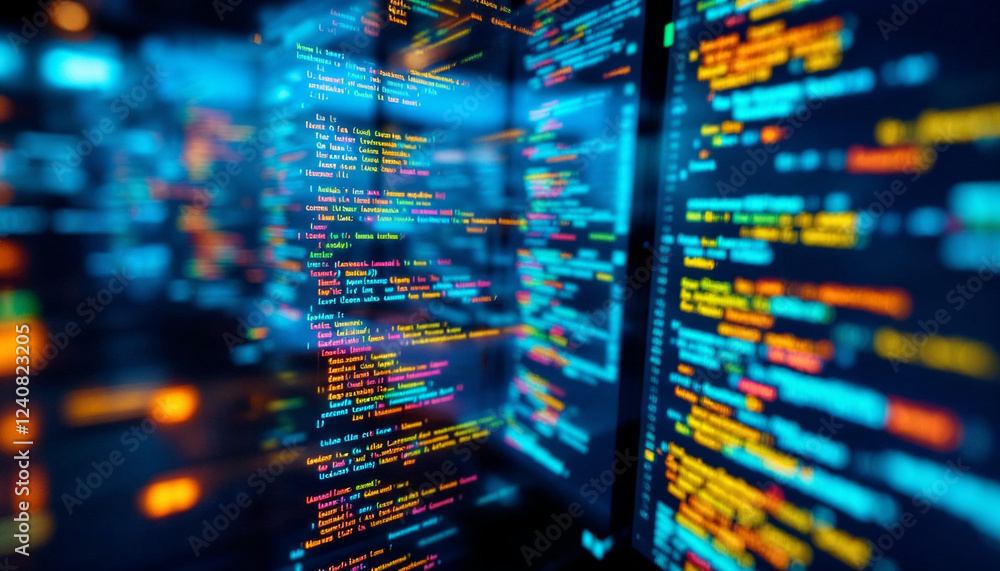 Poster colorful lines of code on multiple screens reflecting digital technology in a modern workspace