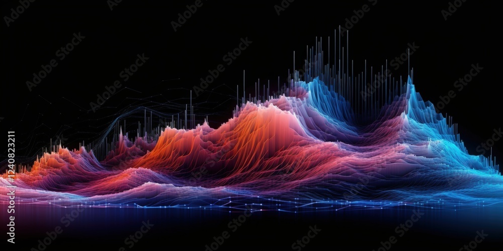 Poster stunning abstract data visualization representing waves of information in vivid colors and dynamic p