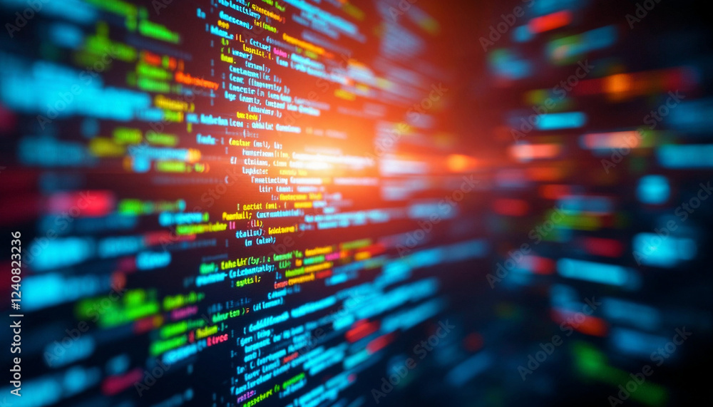 Poster brightly colored digital code flowing against a dark background in a modern tech environment during 