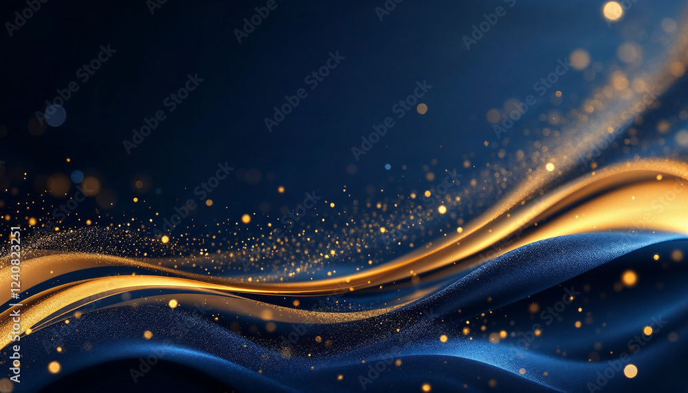 Poster swirling waves of blue and gold with sparkling particles create an enchanting visual experience