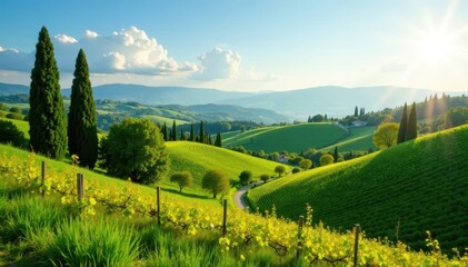 Obraz premium Rolling hills, cypress trees, sun-drenched vineyards, summer, Italy, calm