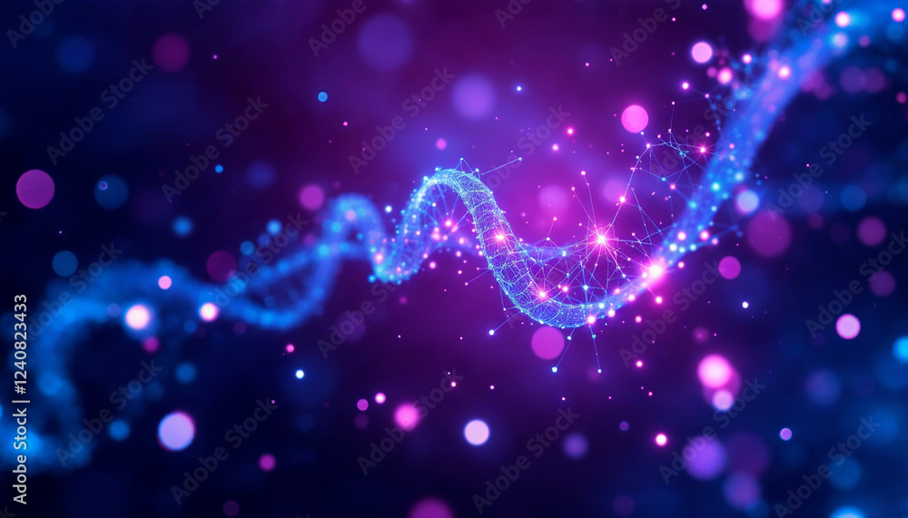 Poster vibrant abstract representation of dna structure with glowing particles in a dark background