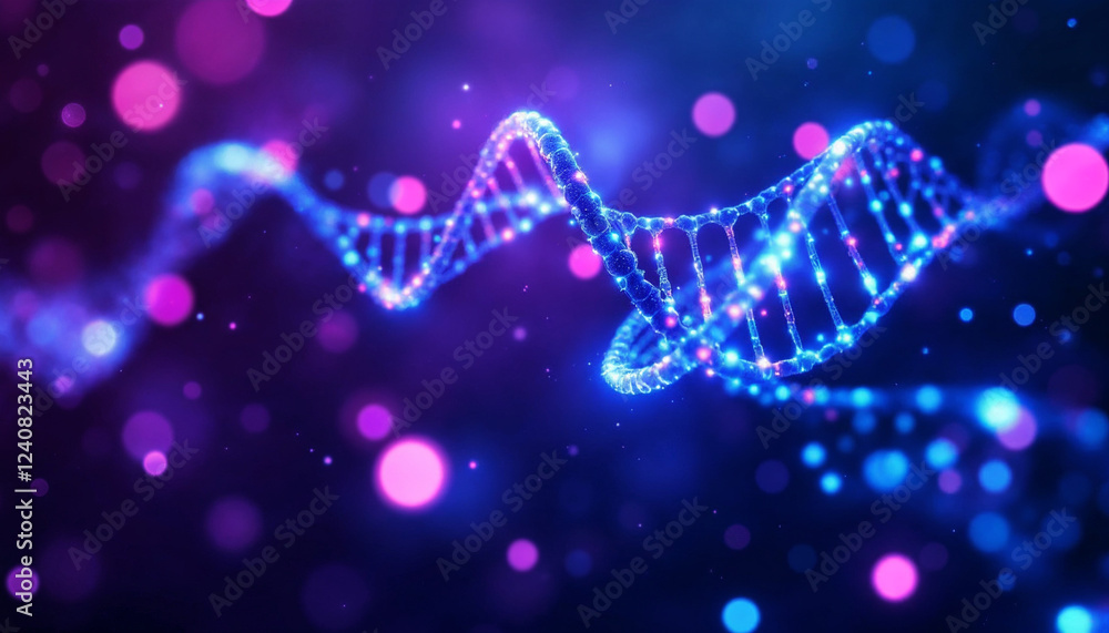 Poster colorful representation of dna structure with glowing particles and abstract background