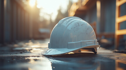 White hard hat on wet ground at a construction site in sunlight