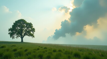 Obraz premium Pollution and Smog in the Sky Over a Serene Grass Field with a Lonely Tree
