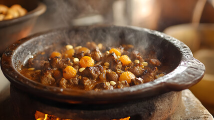 A Moroccan tagine with tender lamb, apricots, and almonds, cooked in a clay pot for an exotic and aromatic dining experience.