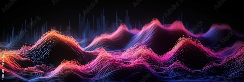 Poster vibrant abstract data visualization background with colorful waves and dynamic lines in a dark envir