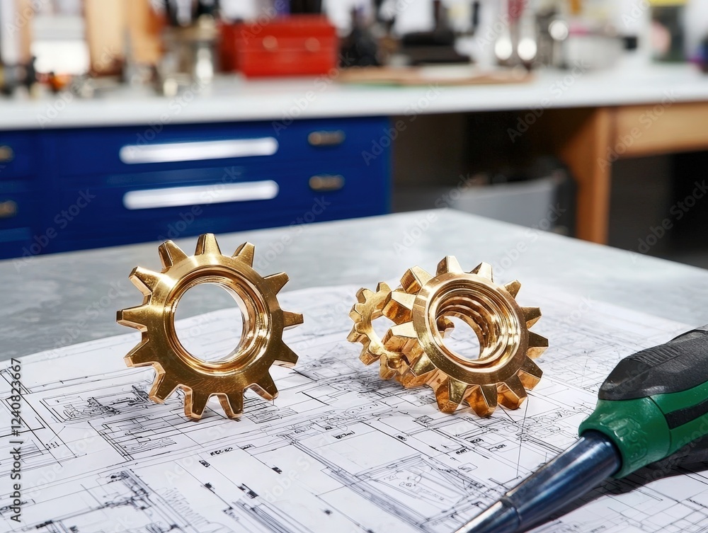 Poster precision brass gears on engineering blueprint with tools in workshop for mechanical design and manu