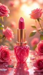 Advertisement for pink lipstick against background of  rose garden at sunset with fresh roses covered with drops of water. Naturalness and freshness of product.