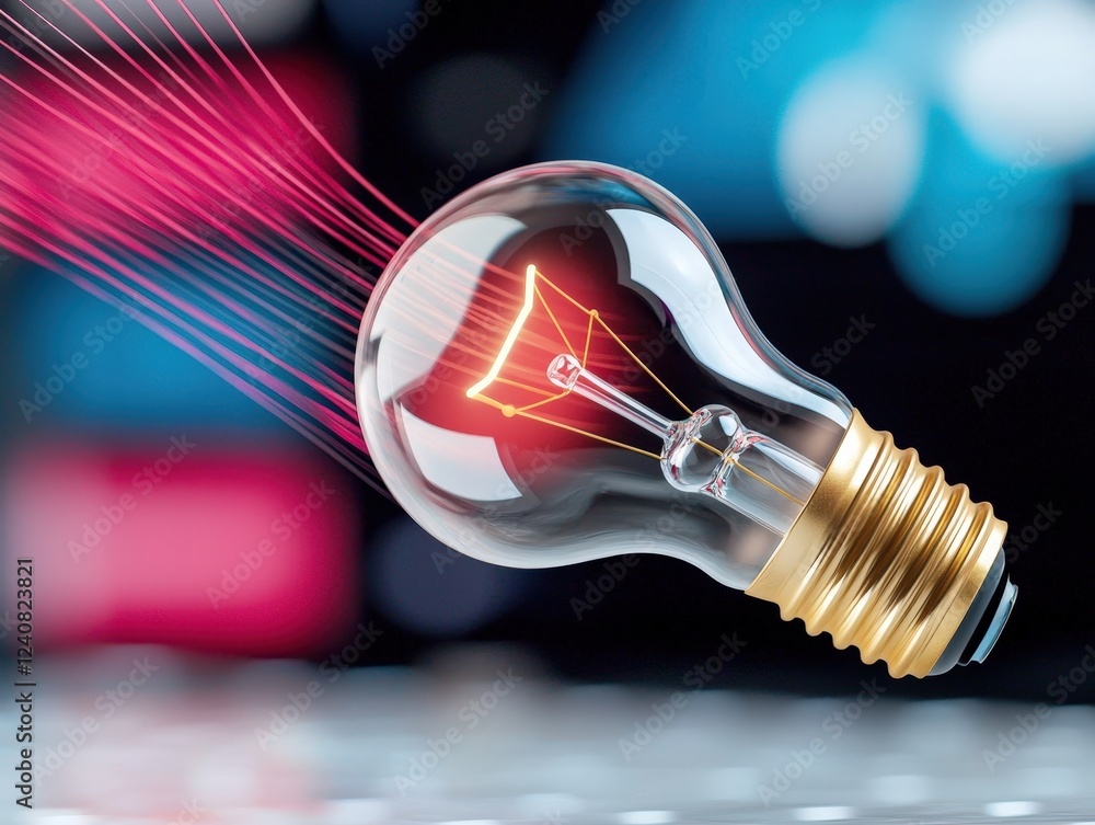 Poster light bulb with glowing filament and light trails on a blurred colorful background for creative desi