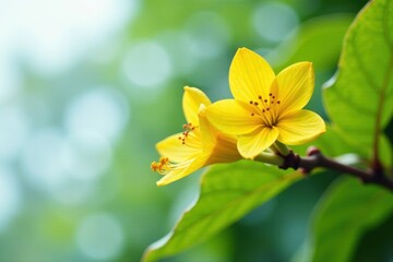 Yellow banana flowers in full bloom on a tree branch, blossom, bloom, tree