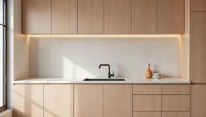Fototapeta premium Modern kitchen design with minimalist style and natural light in a contemporary home setting
