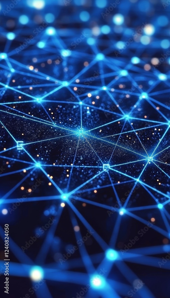 Poster glowing blue network connection dots and lines on a dark, futuristic technology background