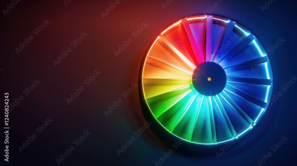Poster a vibrant rgb color wheel on a dark background with glowing edges around each section.