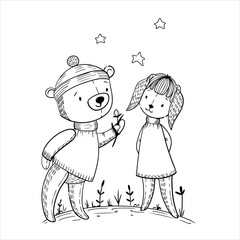 Cute outline drawings of animals for children's projects. Black and white vector illustrations of little animals, perfect for coloring pages, children's products, books, cards, and prints