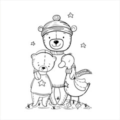 Cute outline drawings of animals for children's projects. Black and white vector illustrations of little animals, perfect for coloring pages, children's products, books, cards, and prints