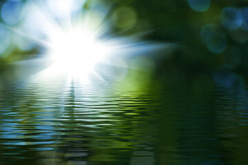 Sunlight reflecting on tranquil water creating a serene atmosphere in a lush green environment