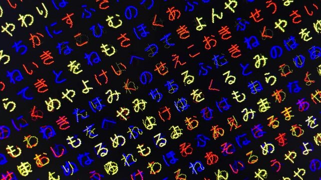 三原色・コンピュータ空間のランダムな文字列・さまざまな文字を含むデータベース・エンコードされたプログラム内のデータセット・数学的計算・大規模言語モデル・機械翻訳・ひらがな・日本語・横長・ビデオ

