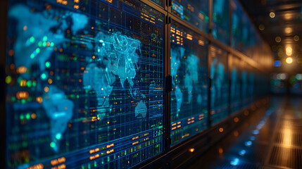 Global Network Map Data Center Technology, Blue and Green Screens, Cyber System.