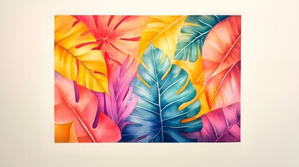 Vibrant Watercolor Painting of Tropical Leaves