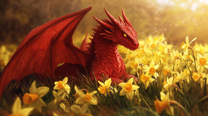 Celebrate Saint David's Day in Wales: Red Welsh Dragon Among Yellow Daffodils, Perfect Banner Design with Space for Your Message